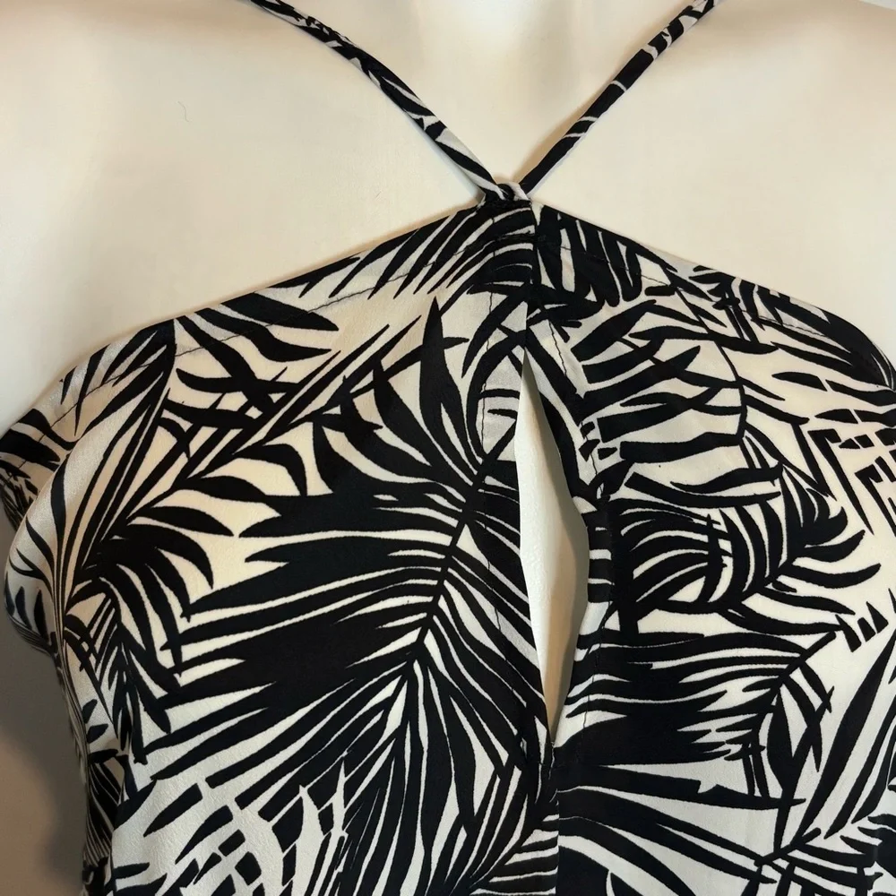 NWT Elan Black White Palm Print Tassel Midi Halter Dress S